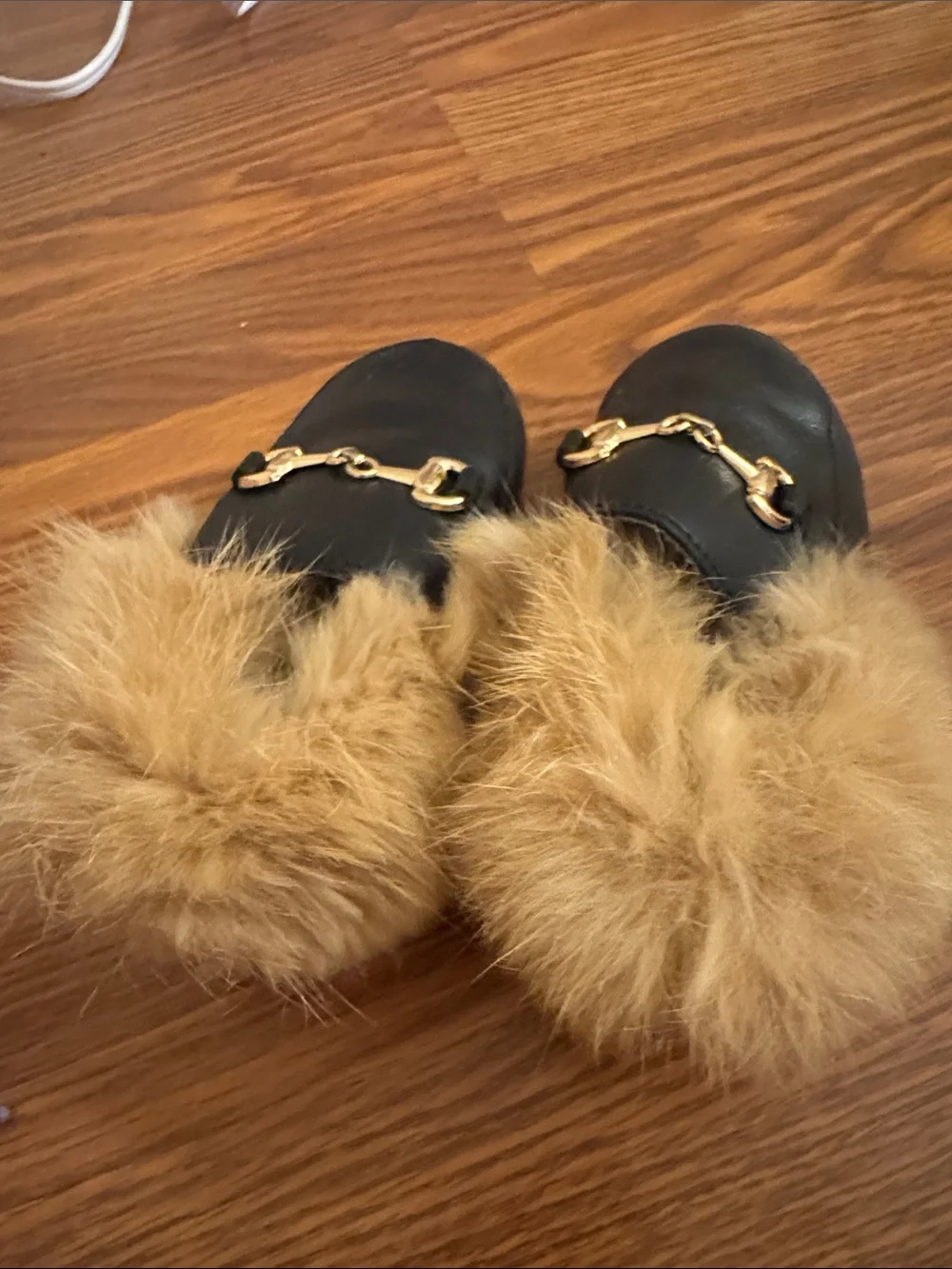 Kids Faux Fur Lined Black Loafers slides horsebit Princetown
